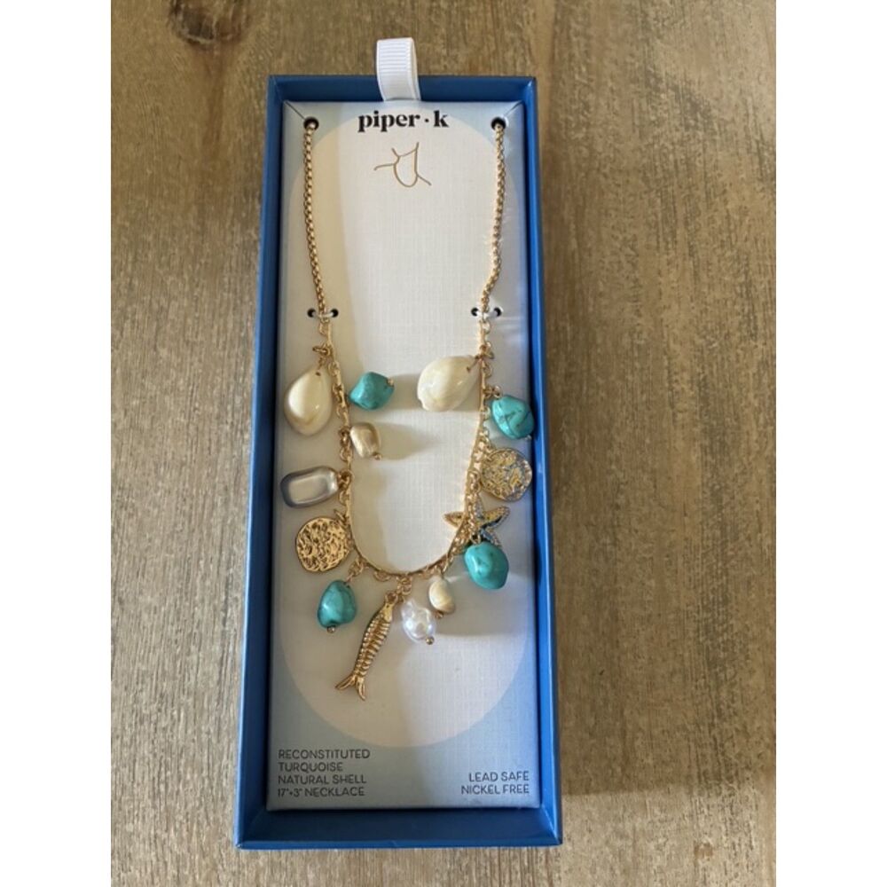 NWT Piper K Coastal Charm Necklace Turquoise Shell Fish Starfish Gold Tone
